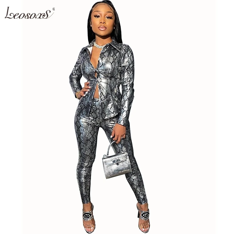 

Sexy 2 Piece Sets Womens Outfits Matching Sets Snake Print Crop Top And Pants Sweat Suits Women Club Two Piece Tracksuit Set