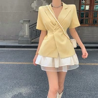 womens korean office top chic summer candy color commuter youth suit skirt thin suit jacket yellow sweet girl summer