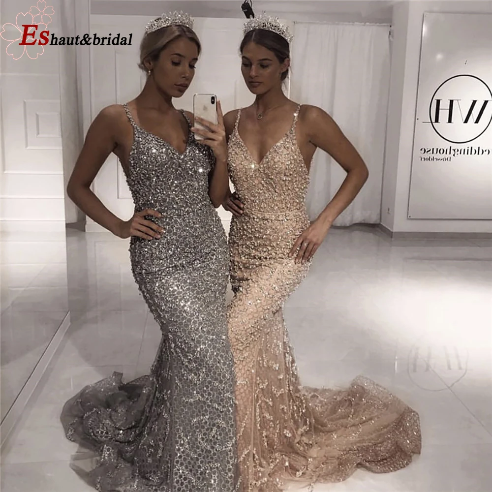 

Luxury Beads Evening Dress for Women 2020 Spaghetti Strap V Neck Long Sleeveless Mermaid Formal Party Gowns
