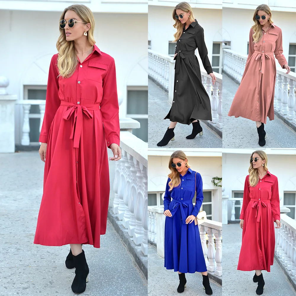 

European and American women's burst autumn/winter button single-row button-up mid-length long-sleeved dress