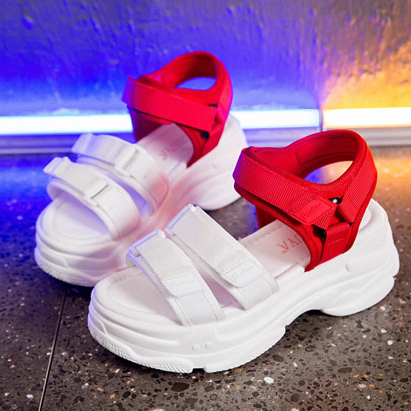 Женские сандалии на платформе корейские липучке Пляжная повседневная обувь