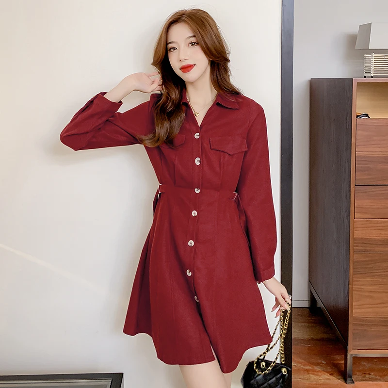 

Chiffon Loose Women Dresses New Fashion Solid Color Polo-collar Casual Long Sleeve Dress Autumn A-LINE Knee-Length Houthion