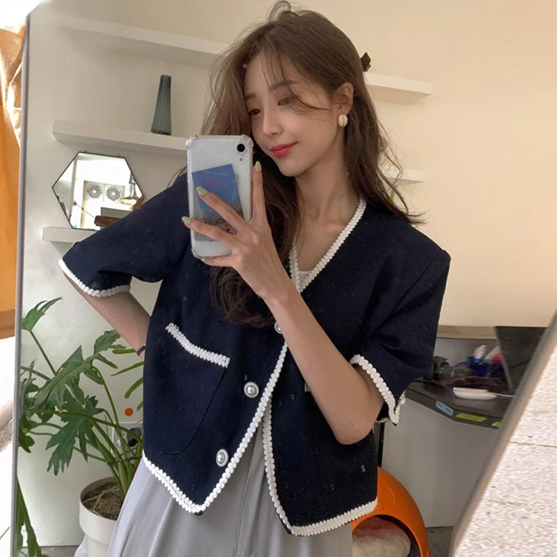 

Sleeve Jacket Women Button Tops Fashion Retro Coats Ladies Loose Jackets Woherb Chic Korean Summer Clothes V Neck Short
