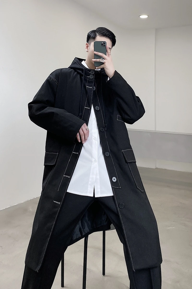 

M-XL!Japanese dark autumn hooded long windbreaker men's design sense stitching contrast color retro coat jacket.