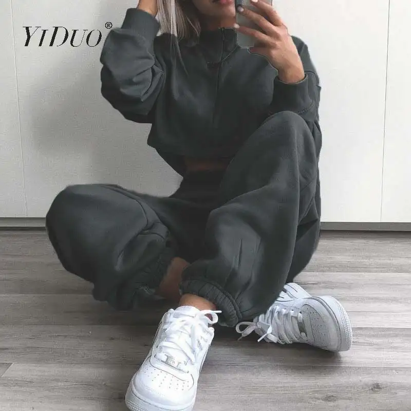 

YiDuo Cool Girl Streetwear Joggers Casual Women Sweatpants Autumn Winter Warm Thick And Thin Black Long Pants Spodnie Damskie