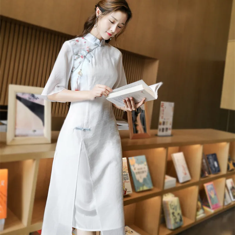 

Новинка весна-лето 2021 в китайском стиле ретро маленькое платье-Ципао из тенсела хлопчатобумажное чайное платье Улучшенная версия ханьфу же...