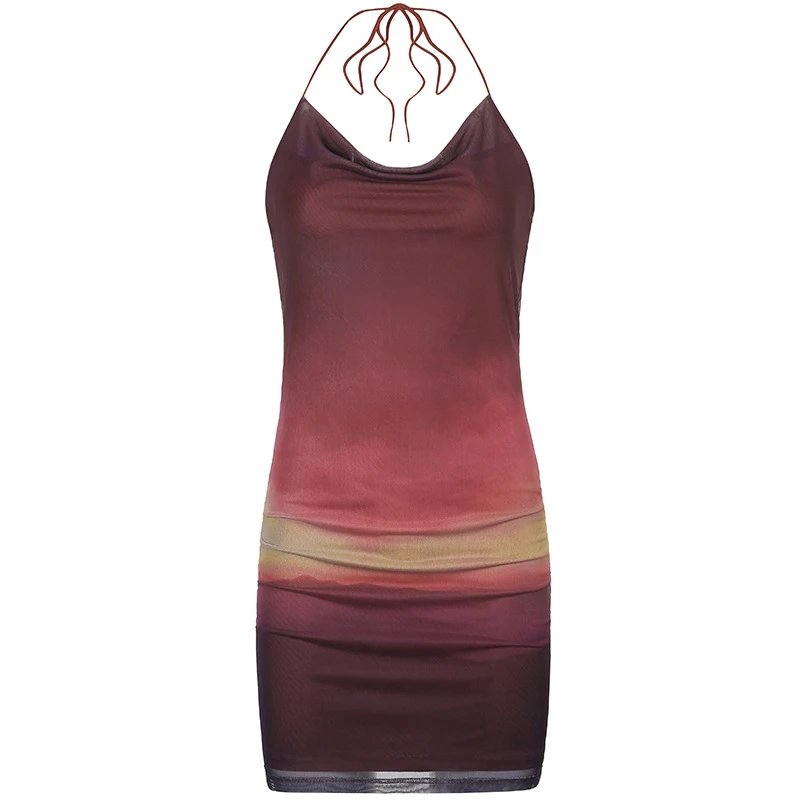 

Personalized Street gradient print dress style 2021 new sexy perspective mesh suspender skirt
