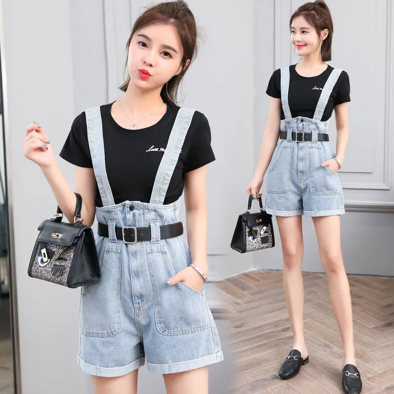 Комбинезон женский джинсовый с высокой талией короткий свободный Ромпер из