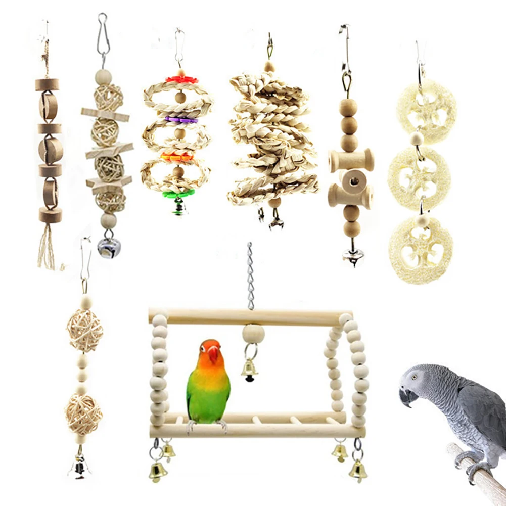 8pcs Wooden Swing Chewing Parrot Budgie Cage Hanging Training Home Funny Accessories Bird Toy Set Cockatiels Primary Color | Дом и сад