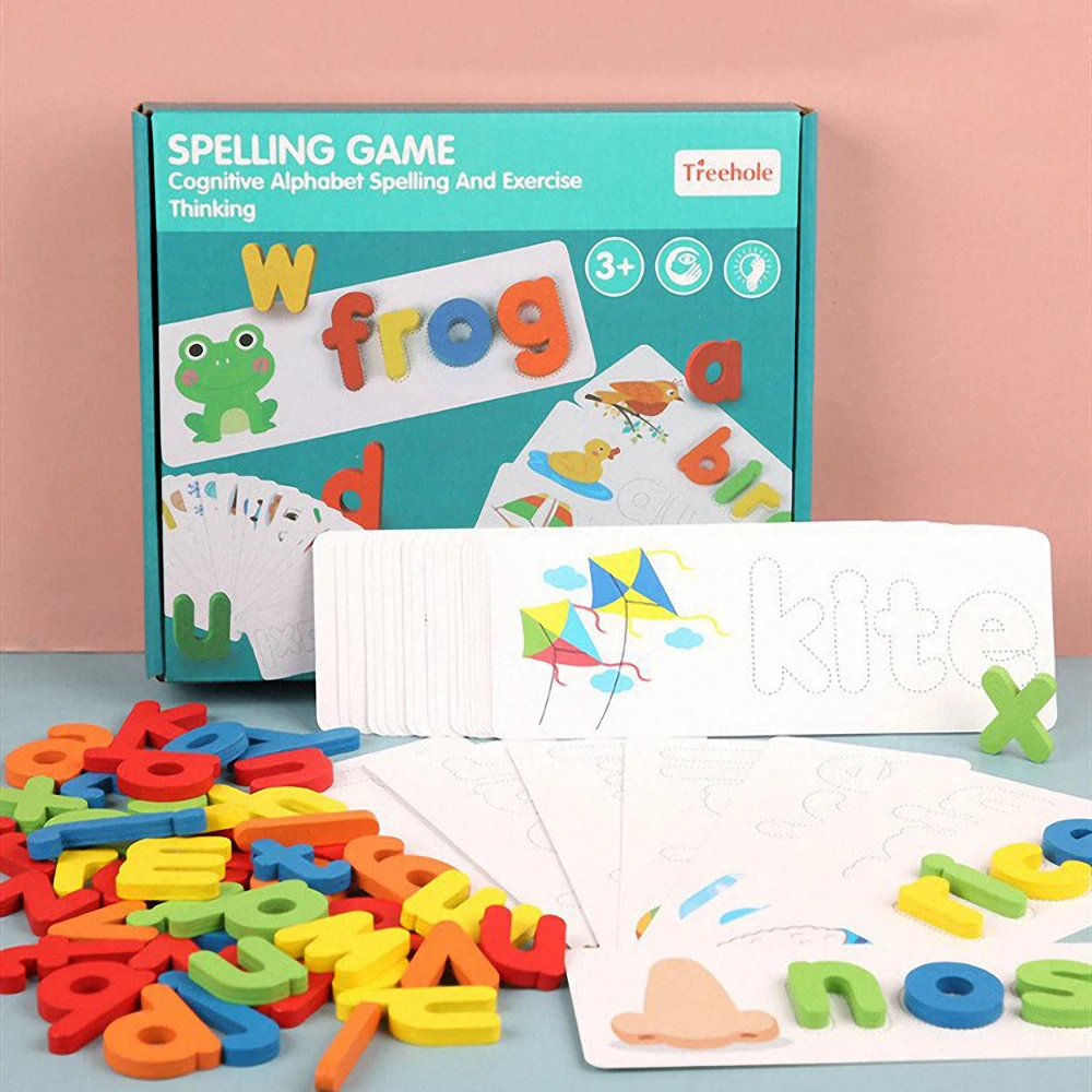 Juego de palabras de escritura Montessori para ni&ntilde;os, rompecabezas de alfabeto de madera, divertido rompecabezas cognitivo 3D, juguete educativo de aprendizaje-1