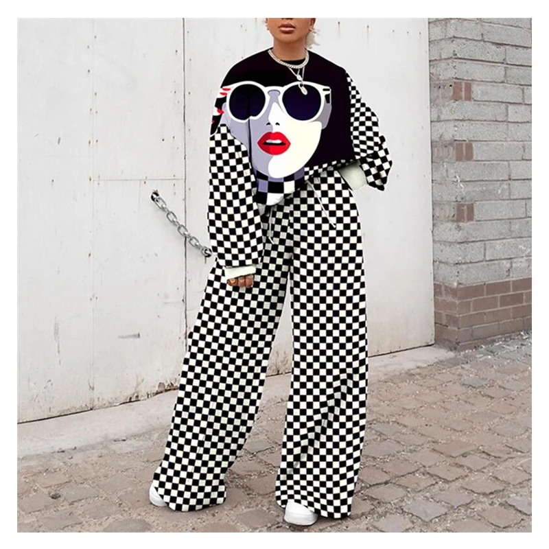 

SONDR21 Spring And Autumn Fashion Women's Cartoon Printed Round Neck Long Sleeve Trousers Leisure Sports Fattening Two Piece Set