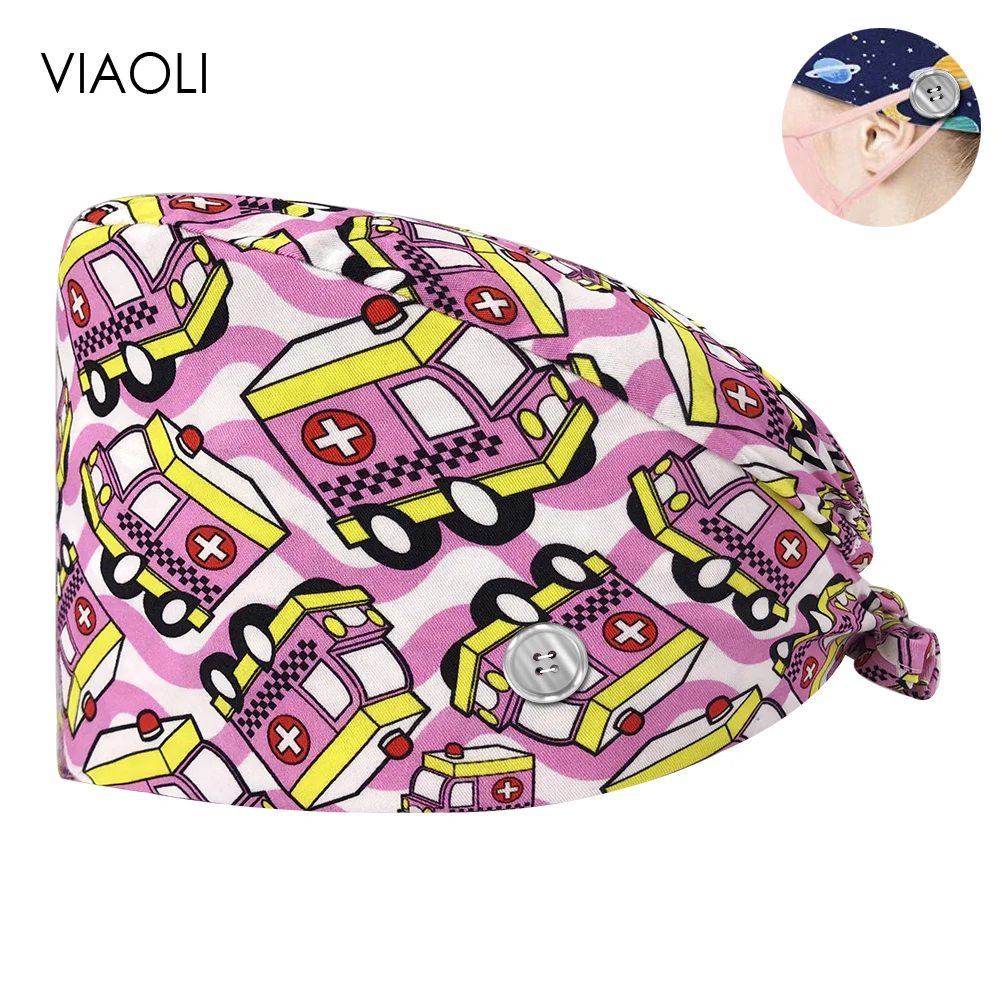 

Cartoon Printing Medical Women and Men Nurse Hats Adjustable Beautician Scrub Hats Pet Shop Lab 100% Cotton Doctor Scrubs Caps