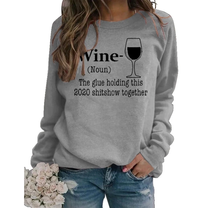 

Women Hoodie Print Letter Wine Cup Tops Sweatershirt Casual Loose O Neck Wear Clothing