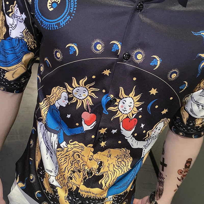 

Vintage Print Luxury Shirts Men 2021 Spring Summer Short Sleeve Casual Slim Shirt Streetwear Social Nightclub Party Male Clothes