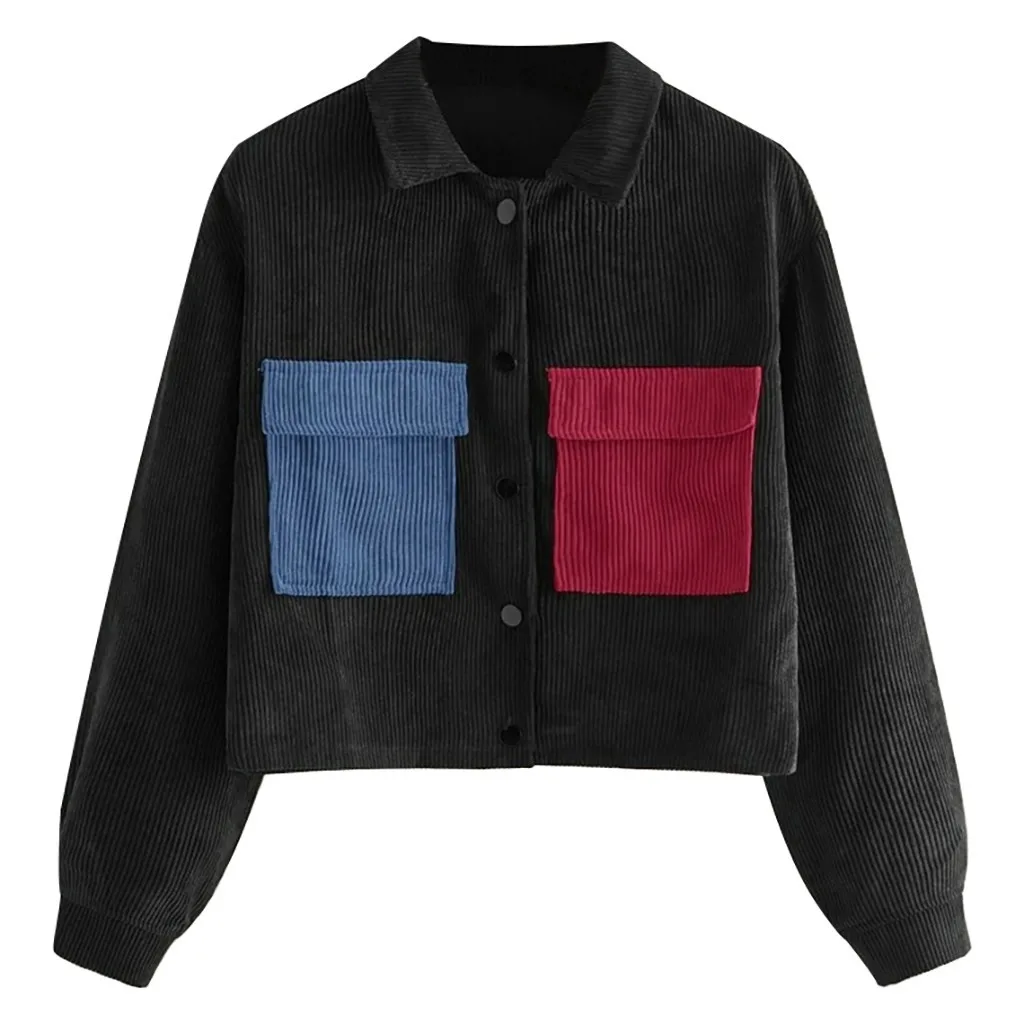 Женская джинсовая куртка модная с длинными рукавами и карманами контрастная на