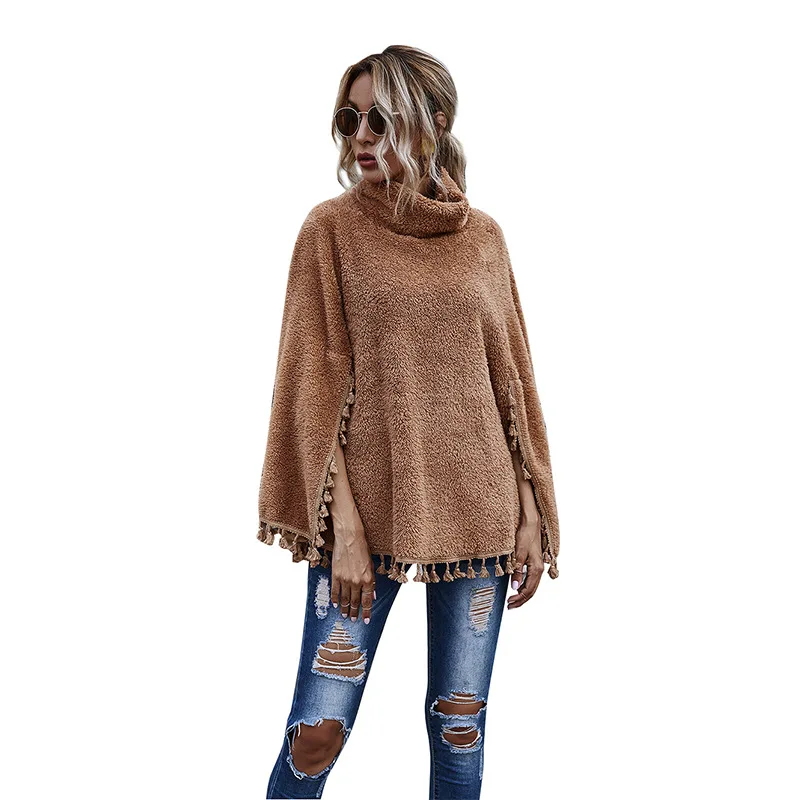 

2020 New Solid Color Slim Fashion Turtleneck Tassel Bodice Cape Long-Sleeved Sweater Woman