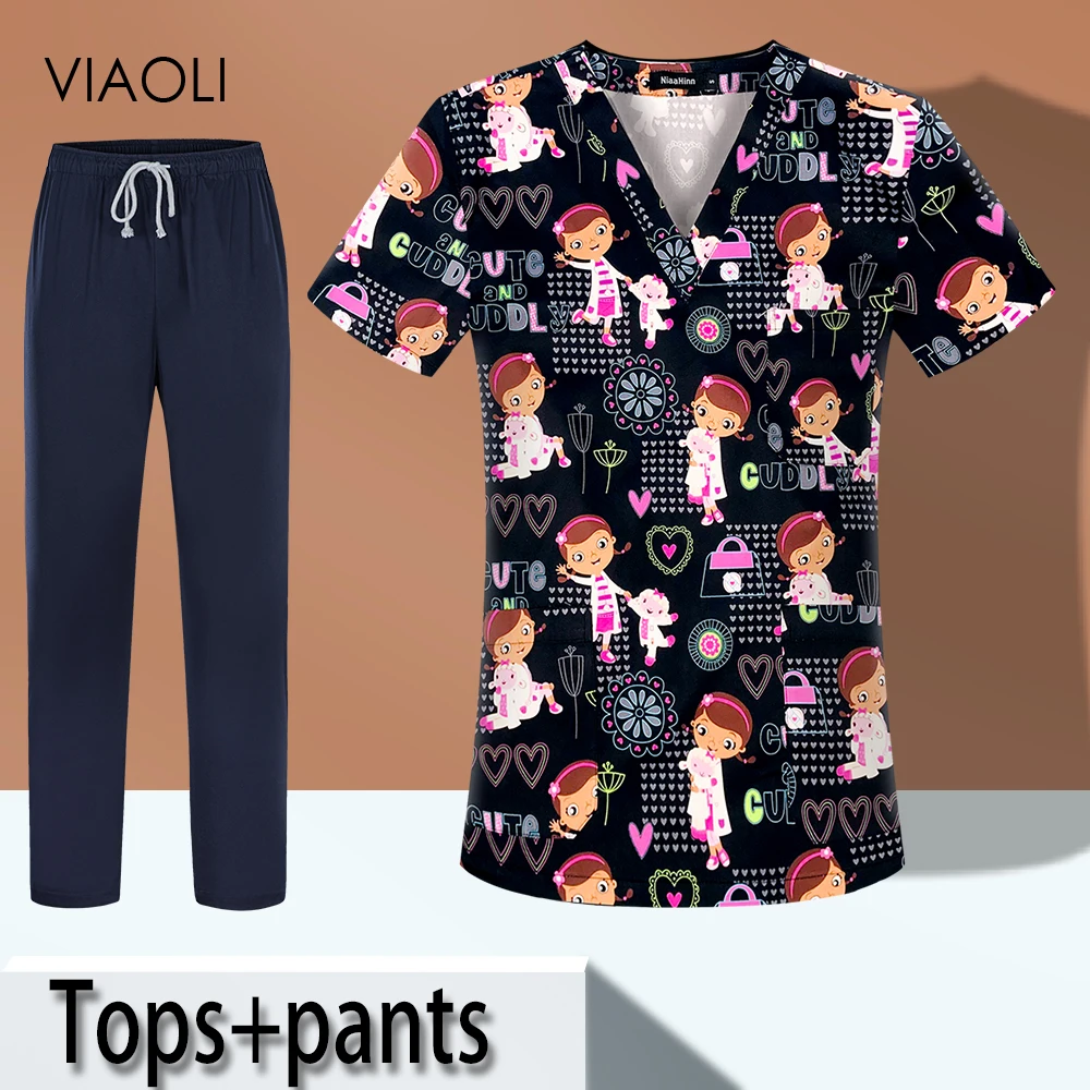 

V-neck Printed Shirt Wholesale Price High Quality Pure Cotton Scrub Shirt Medical Clinic Doctor and Nurse Overalls Short Sleeves