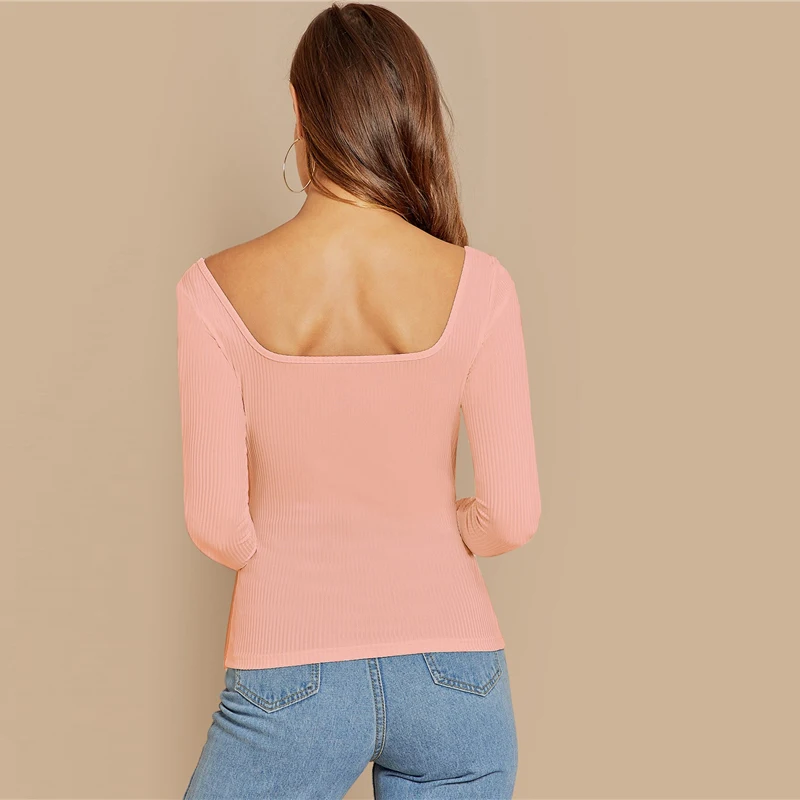 SHEIN Облегающий Топ С Длинным Рукавом И Глубоким Вырезом Трикотажная Блузка В Рубчик