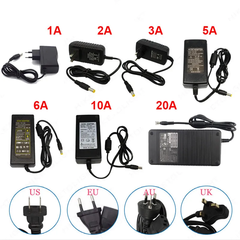 

12V DC Adapter Power AC110V/220V Lighting Transformer LEDx Power Supply 1A 2A 3A 5A 10A 20A For CCTV Camera LED Strip EU US plug