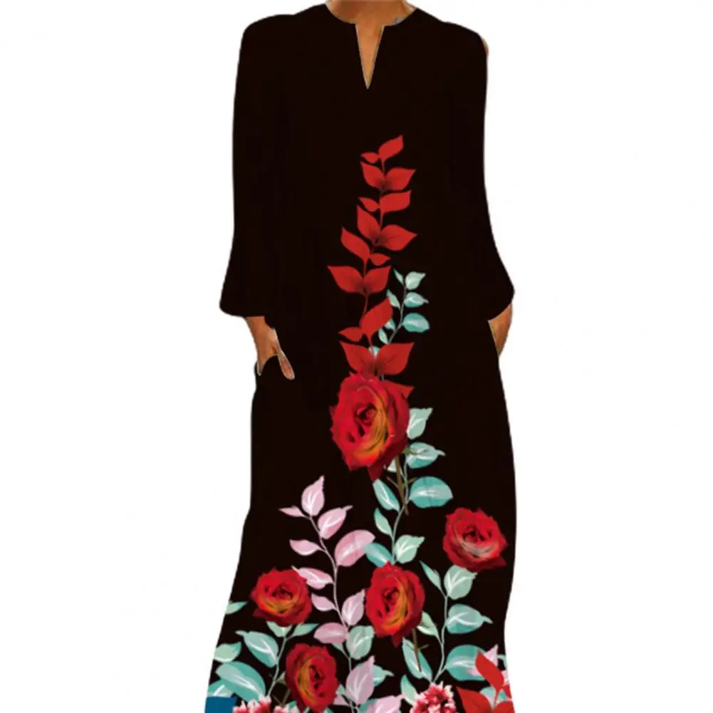 

Autumn Women Dress Flower Print V Neck Temperament Long Sleeve Large Hem Insert Pockets Party Maxi Dress