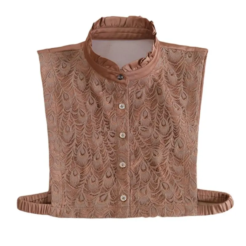 

Womens Vintage Crochet Peacock Feather Lace False Fake Collar Ruffles Stand Lapel Button Down Detachable Lady Half-Shirt Blouse