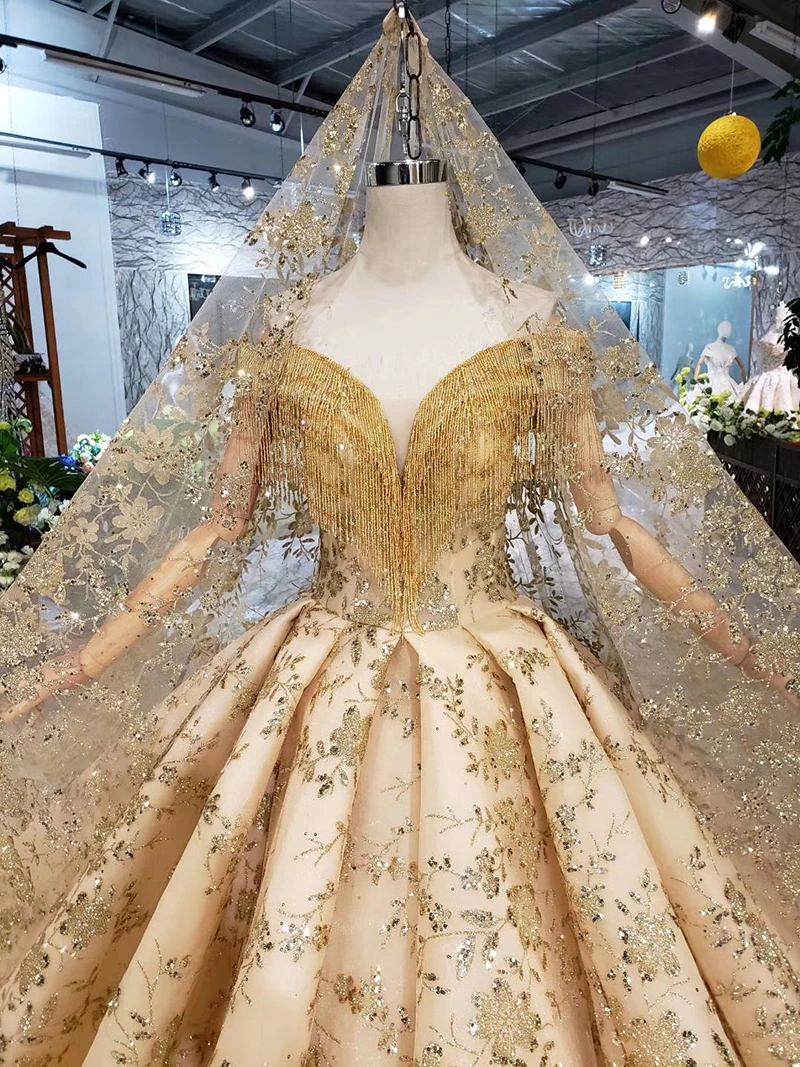 BGW HT42826 Golden Lace Wedding Dress With Wedding Veil V-neck Crystal Tassel Princess Bridal Dresses For Girl Vestidos De Novia