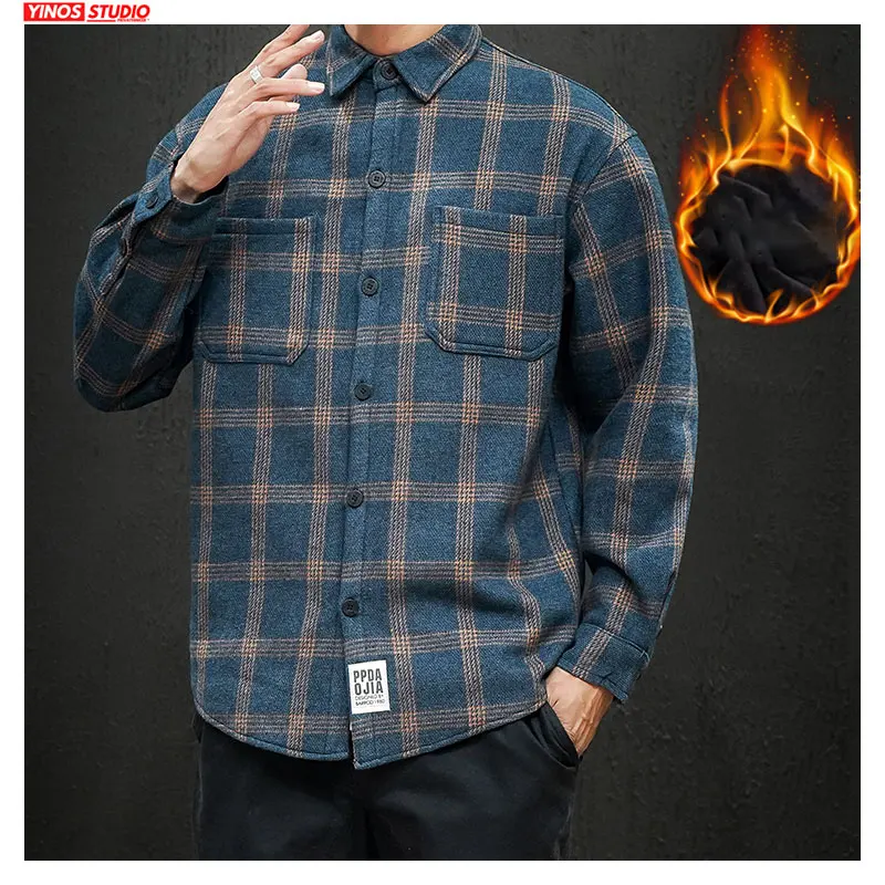 Дропшиппинг японский стиль Мужские плотные рубашки с длинным рукавом в клетку 2020