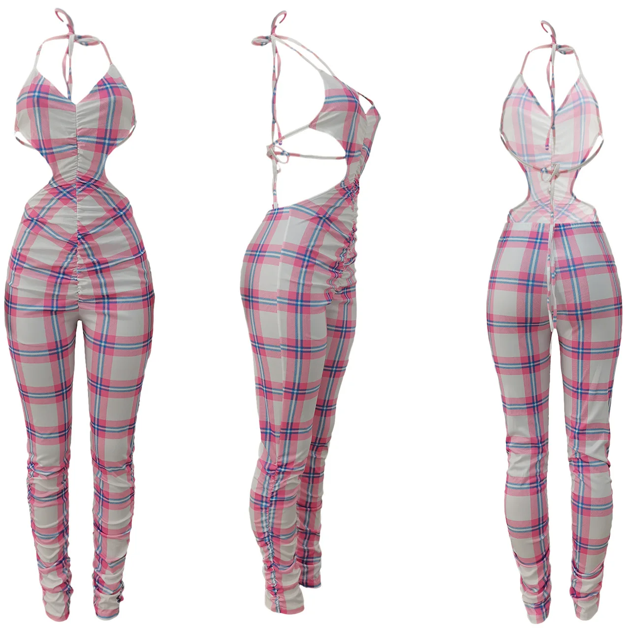 

2021 summer New Fashion Jumpsuit Women Plaid Print Halter Lace Up Sleeveless Jumpsuit Sexy Backless Bandage Party Club Rompers