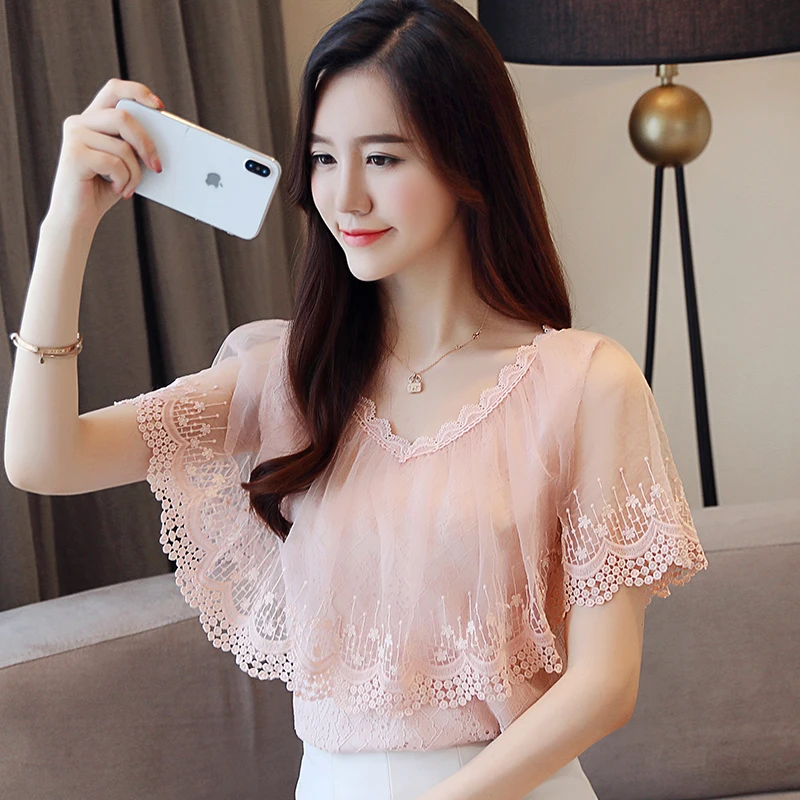 

2021 Short Sleeve Lace Top Female Blusa Feminina fashion Women Tops and Blouses Summer Lace Blouse Shirt Fashion Women Blouses