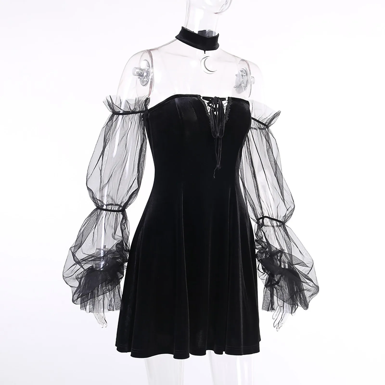 

Womens Dress Gothic Slim Chain Solid Color Long Sleeve One Shoulder Mesh Dress