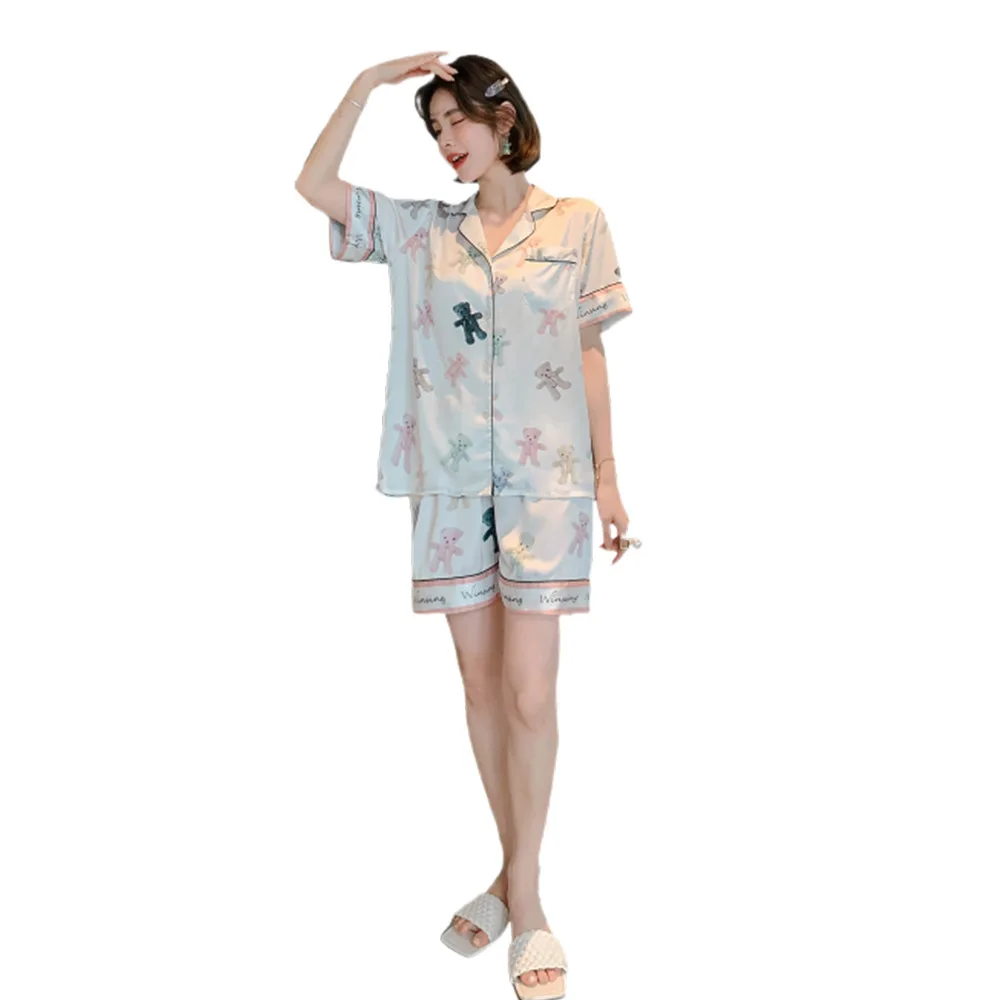 

Silka Surplus Summer Pajamas Women Thin Ice Silk Sleepwear Lapel Short-sleeved Shorts Printed Loose Nightsuit Home Clothes