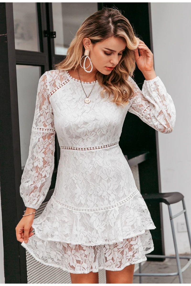 Simplee Elegant lace transparent dress Puff sleeve floral long sleeve white dress High waist ruffle office lady autumn vestidos