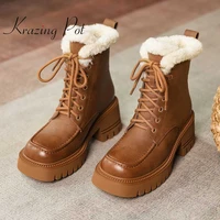 krazing pot big size real leather round toe high heels snow boots british style young lady streetwear lace up ankle boots l0f2