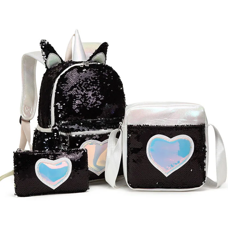 Cute 3pcs Sequins Unicorn Primary Student School Bag Set Kids Backpack for Teenager Girls Cartoon Children Christmas Gift