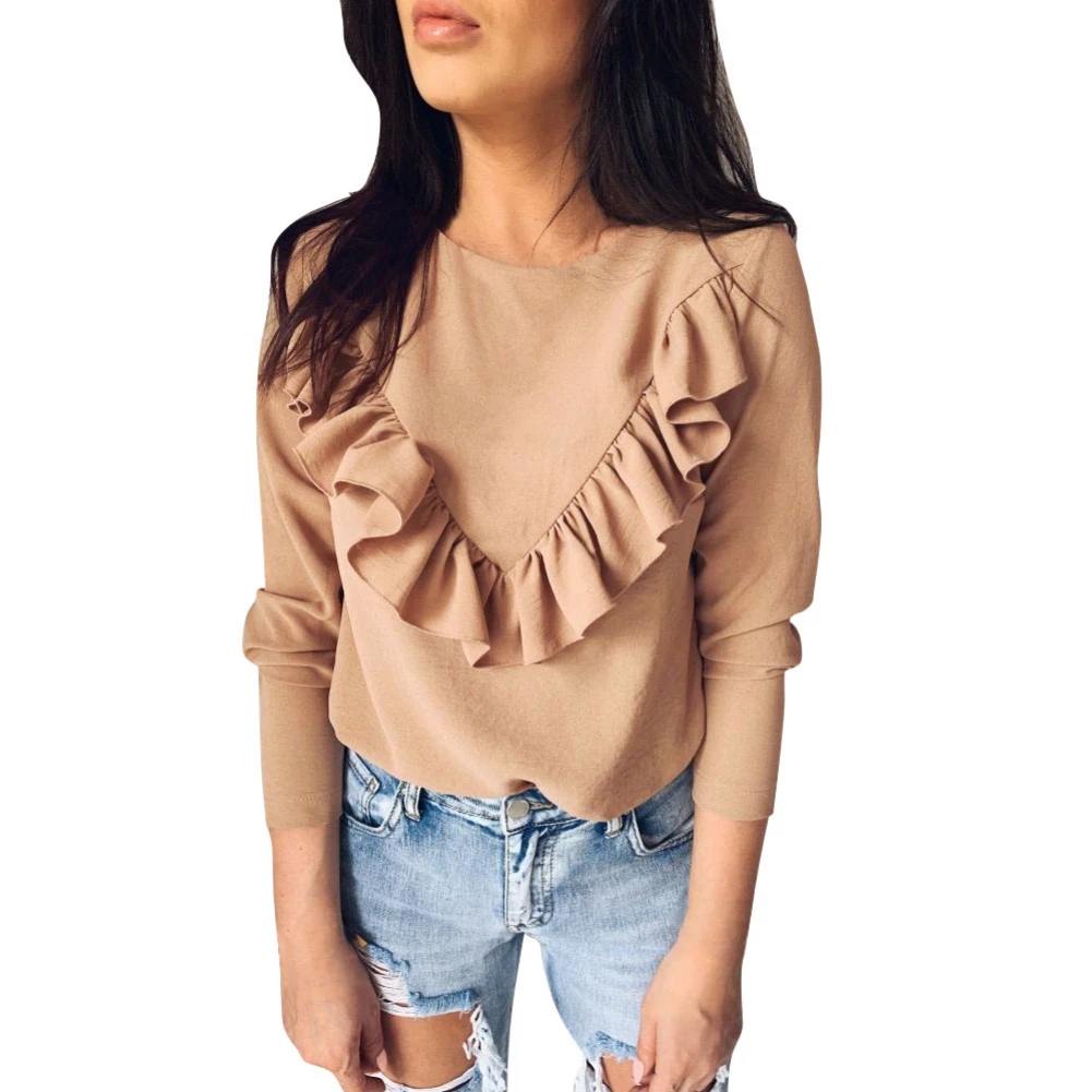 Women Casual Solid Color O Neck Long Sleeve Stitching Ruffled Hem Slim Blouse | Женская одежда