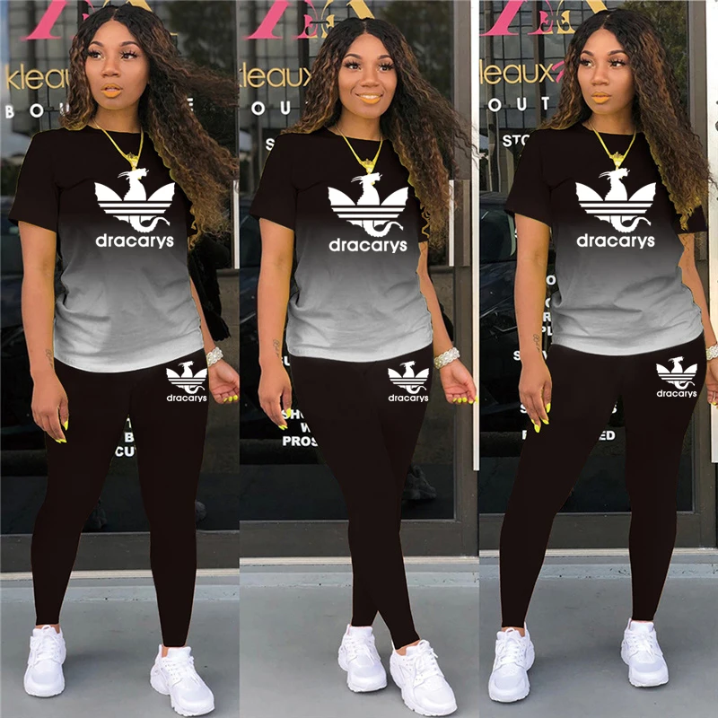 

Tracksuits Women 2 Pieces Sets short Sleeve O-Neck Pullover Top Trousers Sportswear Sports Suit Female Clothes Spring 2021 New