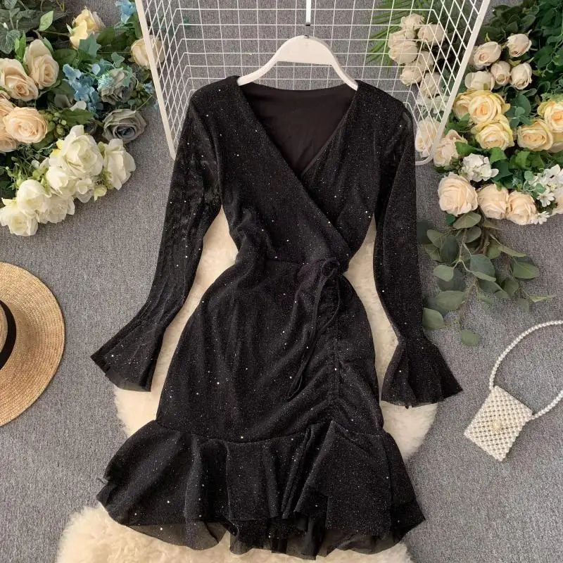 Модные Вечерние Платья с блестящими расклешенными рукавами для женщин 2019