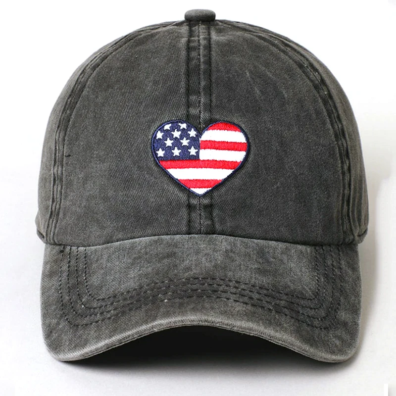

100% cotton washed USA Flag Heart baseball cap embroidery men women fashion dad hats curved sun snapback hats for sports