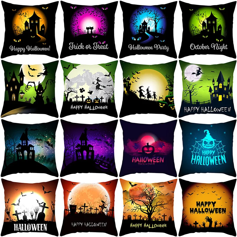 

Cartoon Cat Pumpkin Witch Printing Throw Pillow Cover Seat Chair Car Decor Dark Castle Pillowcase Happy Halloween Cushion Case