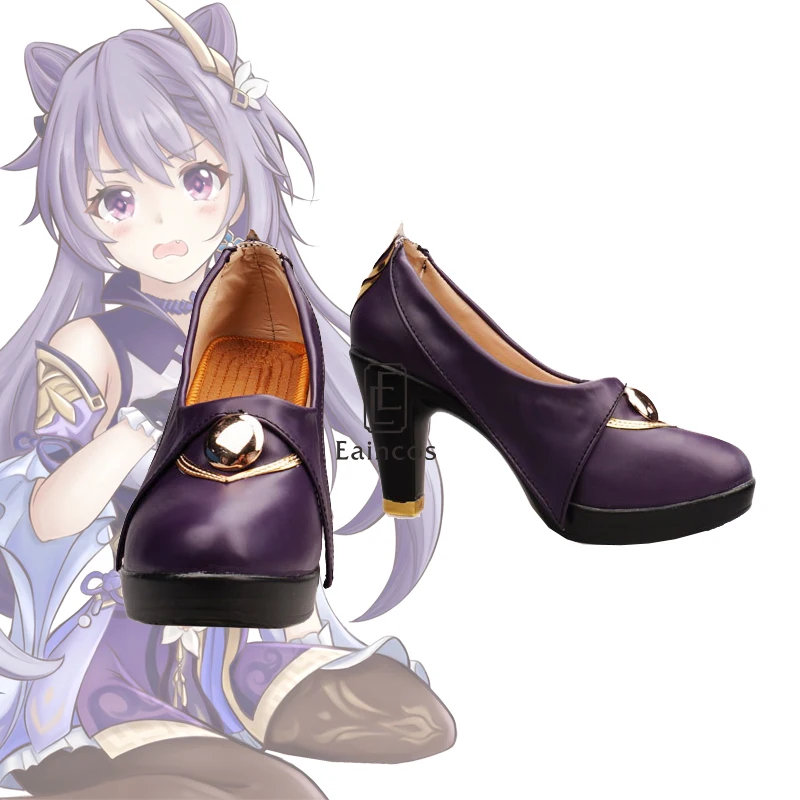 Sapatos de Salto Alto para o Dia das Bruxas Jogo Genshin Impacto Keqing Cosplay Sapatos Roxo Feminino Tamanho Personalizado