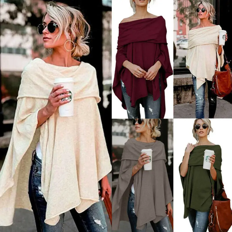 Осенняя Женская Асимметричная накидка с открытыми плечами пончо пуловер женский