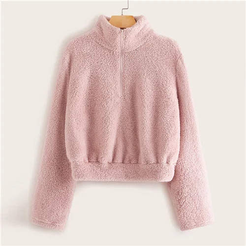 Розовый Dotfashion Розовый Повседневный плюшевый свитер с молнией спереди для женщин зимние однотонные милые толстовки со стоячим воротником - Цвет: Розовый
