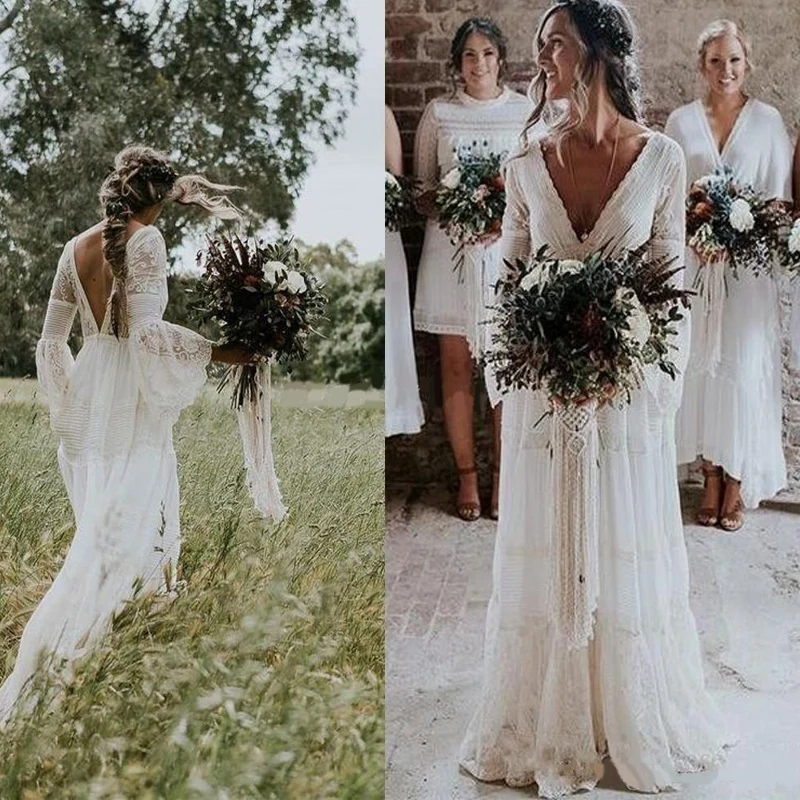 

2022 Bohemian Wedding Dresses V Neck Long Sleeve Lace Sweep Train Beach Boho Garden Country Bridal Gowns robe de mariée Plus Siz