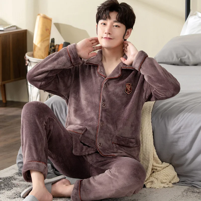 Warm Pajamas Men Winter Thick Homewear Pyjama Homme Hiver Coral Fleece Padded Lapel Large Size Simple Pajamas Suit Sonno Tops