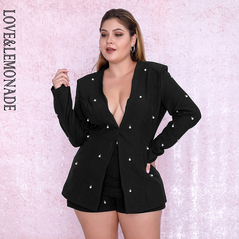 Женский костюм двойка LOVE & LEMONADE черный с V образным вырезом и бисером модель