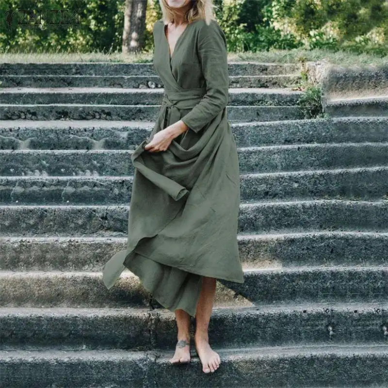 ZANZEA, женское платье, повседневное, на шнуровке, Vestidos, Осеннее, длинный рукав, одноцветное, Vestidos, элегантное, для девушек, с разрезом, вечерние, шикарные платья
