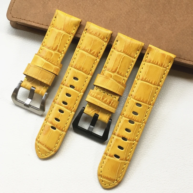 24MM Yellow Crocodile Pattern Genuine leather Watchband Watch Strap Replace For Panerai PAM441 PAM111 Pilot Bracelet  Pin Buckle
