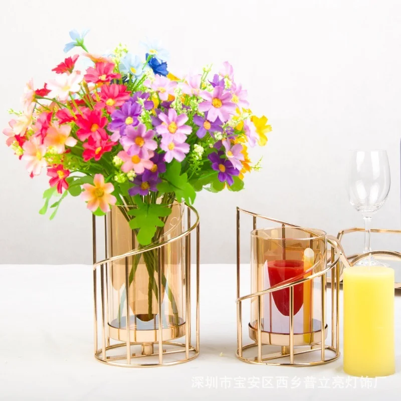 

Подсвечник, аксессуары для украшения дома и офиса, металлический подсвечник, Цветочная ваза, скандинавский стеклянный подсвечник с геометр...