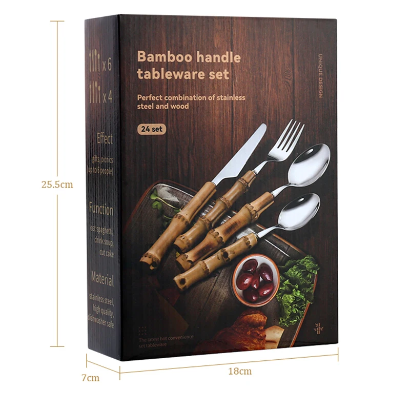 Набор посуды из 24 предметов с бамбуковой ручкой нержавеющей стали включает вилку