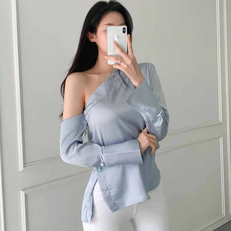 

Женская стильная пикантная однотонная блузка Pinkou, рубашки с косым воротником на одно плечо, женские повседневные шикарные топы, блузки для ...